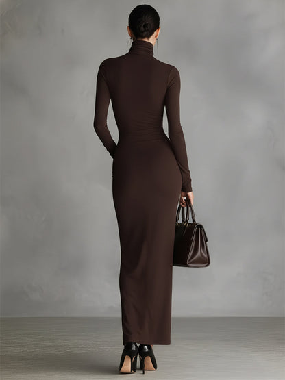 Women's Brown Stretch Turtleneck Slit Dress – ModClo