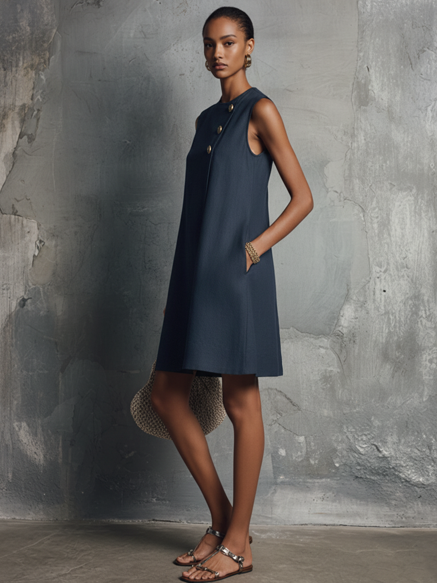 Women's Navy Linen Round Neck Sleeveless Mini Dress – ModClo