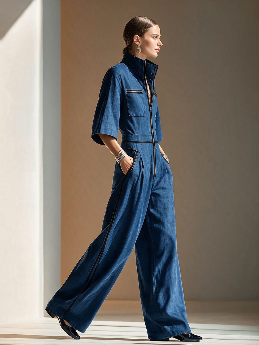 Women's Black Denim Short Sleeve Cargo Jumpsuit – ModClo