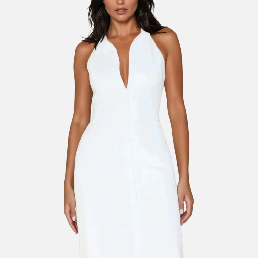 Women's White Formal Halter Maxi Dress | Deep V Neck Backless Bodycon