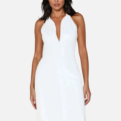 Women's White Formal Halter Maxi Dress | Deep V Neck Backless Bodycon
