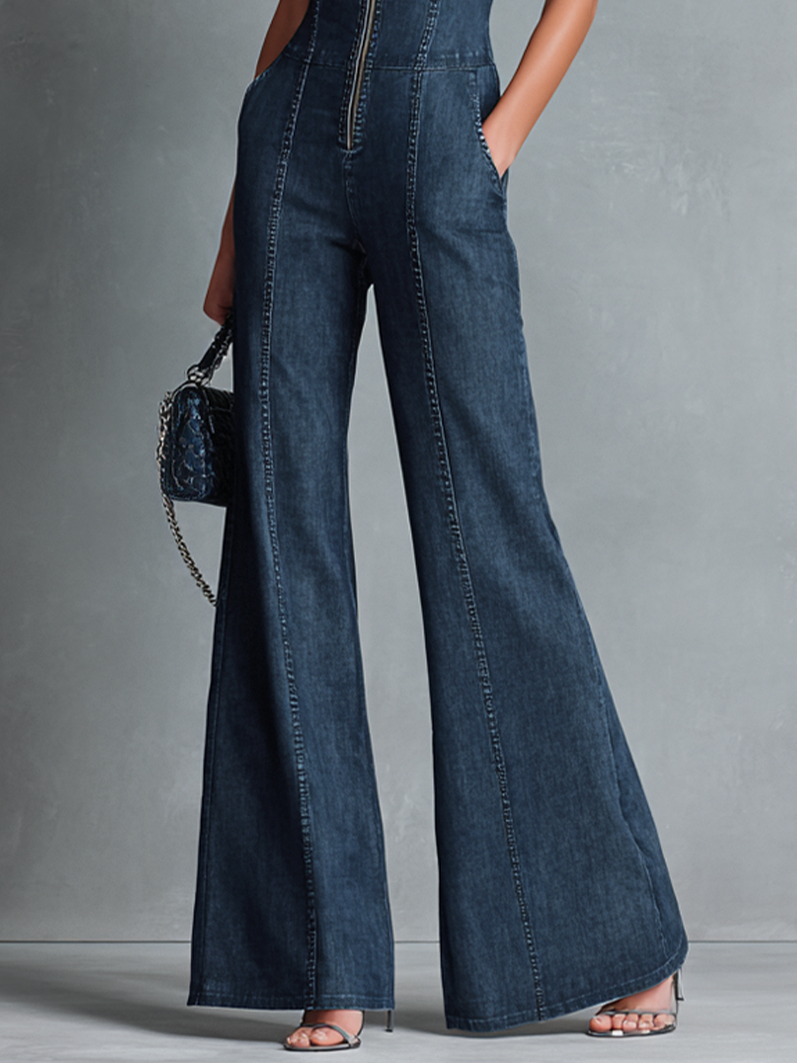 Women's Blue Denim High Neck Sleeveless Jumpsuit – ModClo