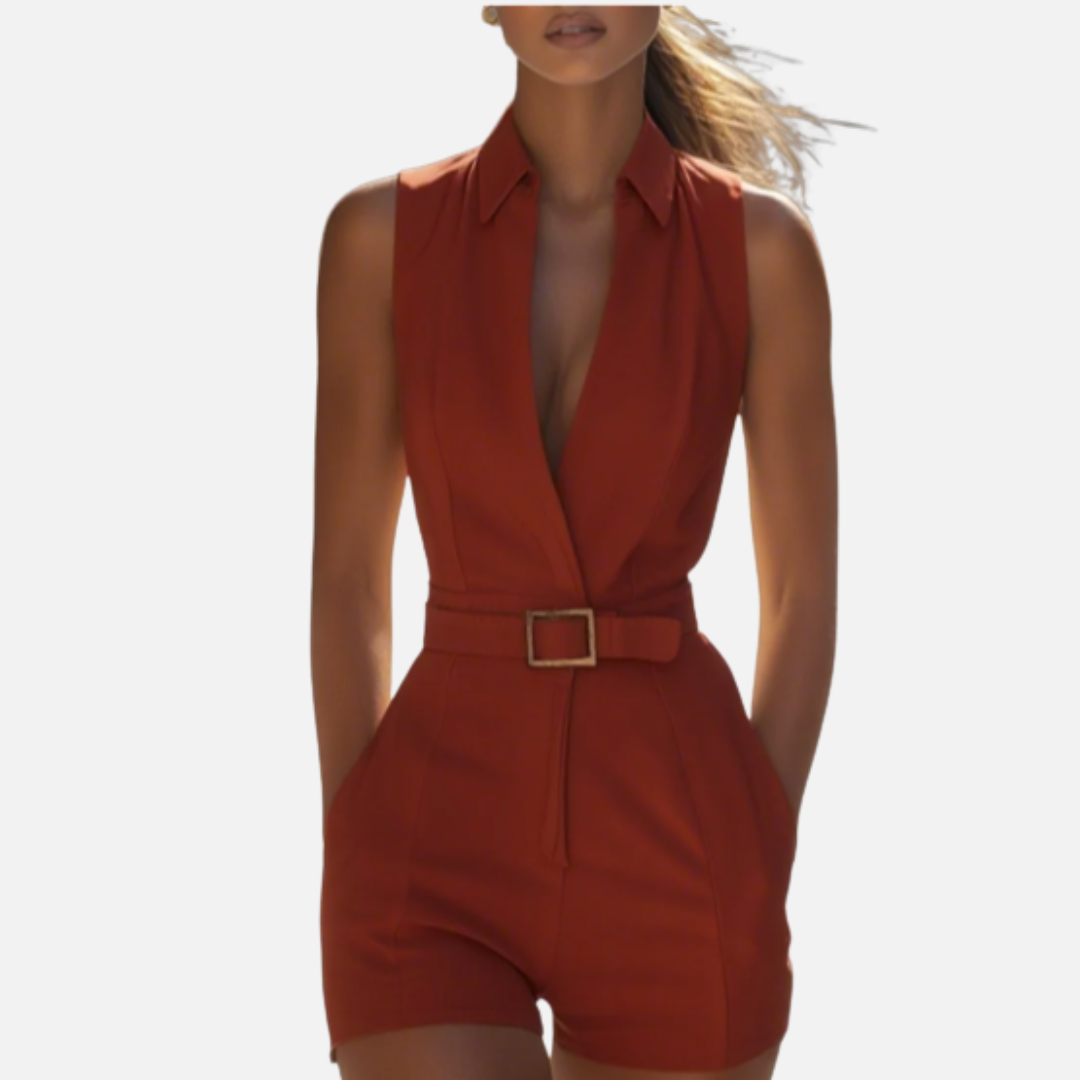 Women's Sleeveless Tailored Romper – V-Neck Belted