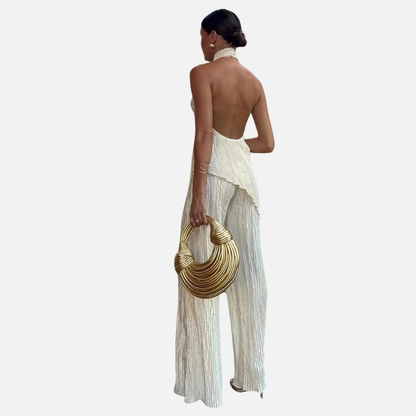 Women's Halter-Neck Pleated Wide-Leg Jumpsuit - Wedding Guest Dress