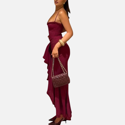 Women's Red Ruffle Maxi Dress - Spaghetti Strap Formal Gown