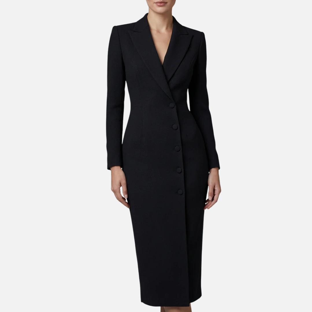 Women's Tailored Blazer Midi Dress – Single Button V-Neck Long Sleeve Work Dress