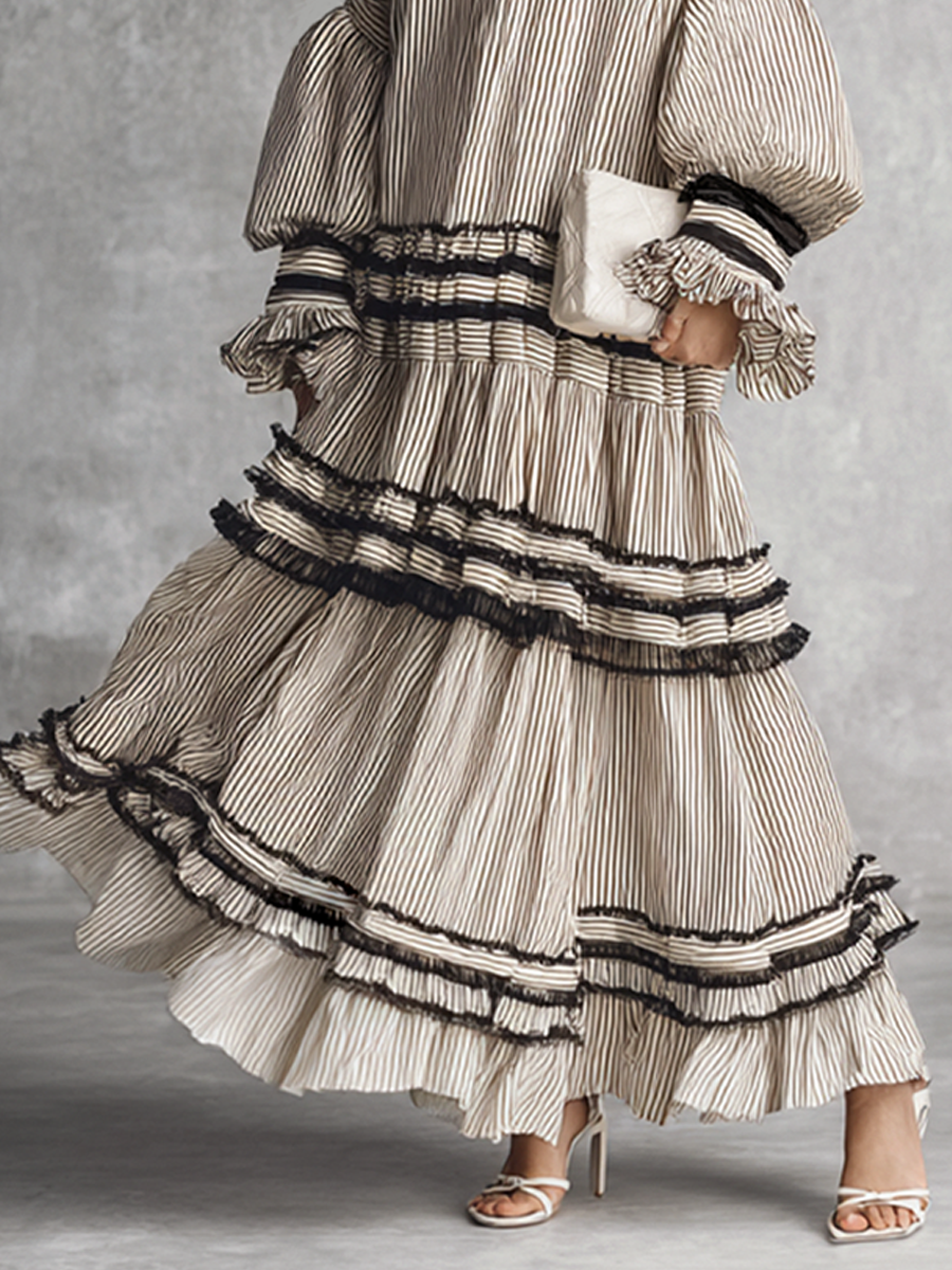 Women's Cotton Long Sleeve Tiered Striped Maxi Dress – ModClo