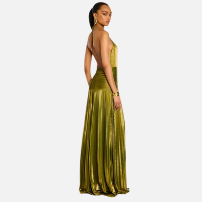 Women's Shimmering Pleated Halter-Neck Maxi Gown Dress