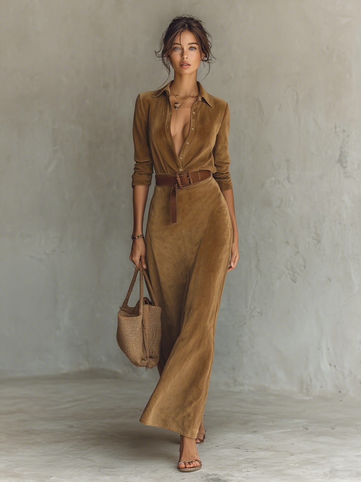Women's Suede Lapel Maxi Dress – ModClo