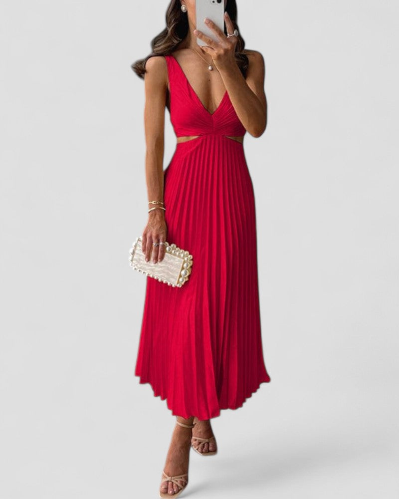Elegant Pleated Satin Cut Out Midi Dress