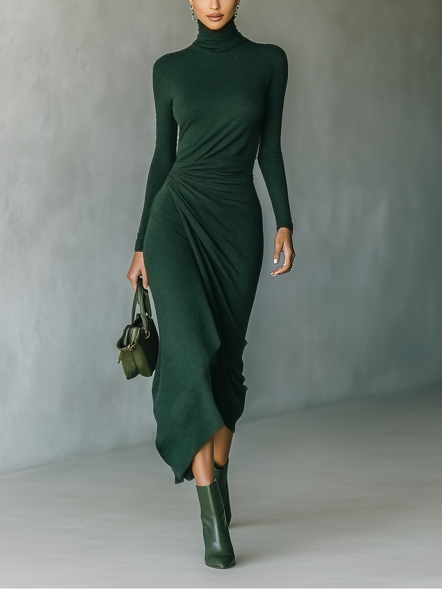 Women's Green Knit High Neck Wrap Midi Dress – ModClo