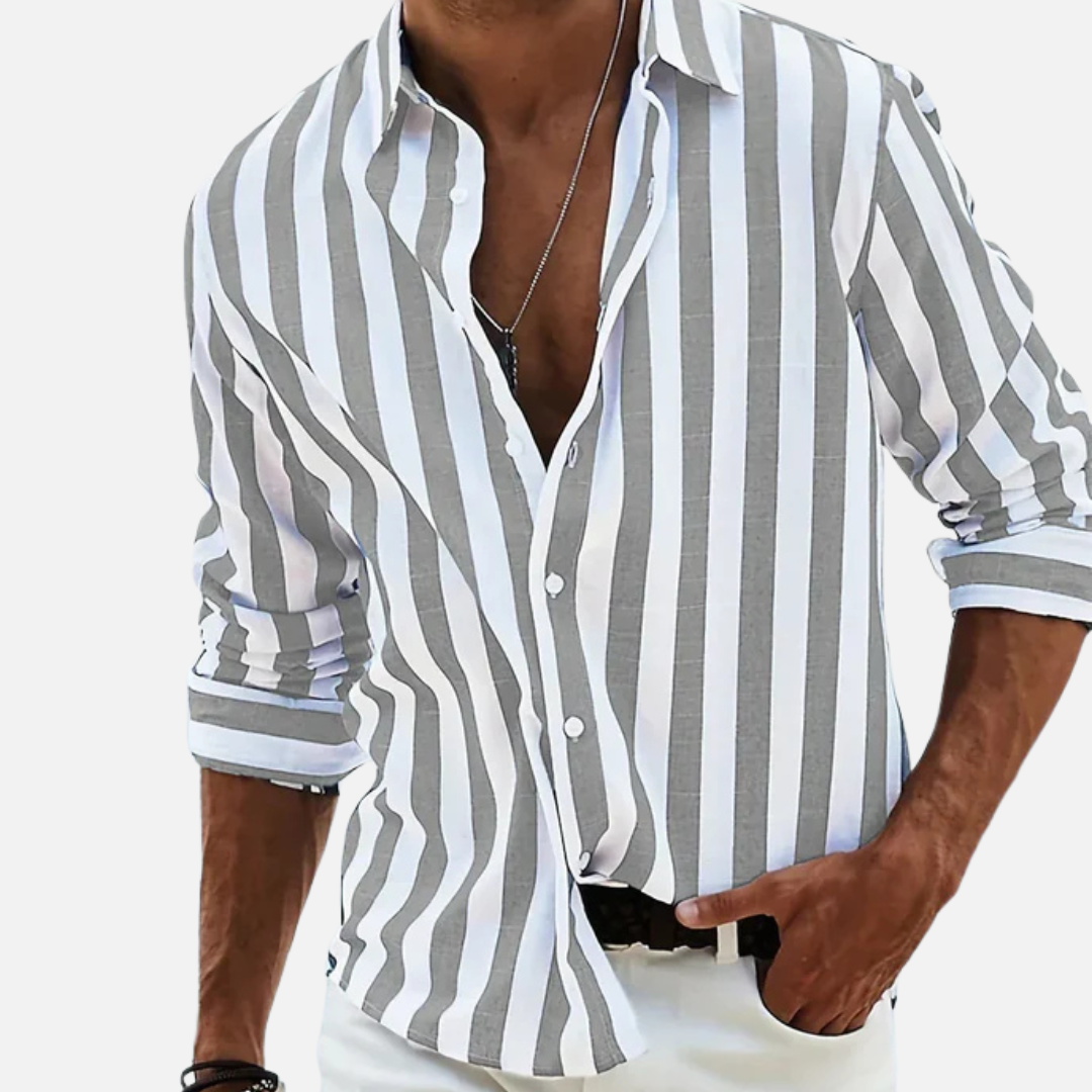 Men's Striped Long Sleeve Shirt – Button-Up Casual Beach Shirt