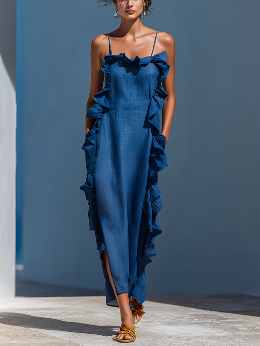 Women's Blue Linen Slit Maxi Dress – ModClo