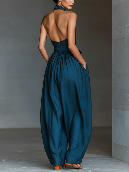 Women's Navy Linen Halter Jumpsuit – ModClo