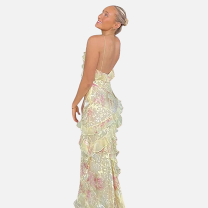 Women's Floral Ruffle Backless Maxi Dress