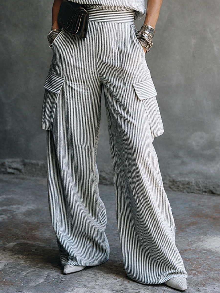 Women's White Cotton Wrap Striped Trouser Set – ModClo