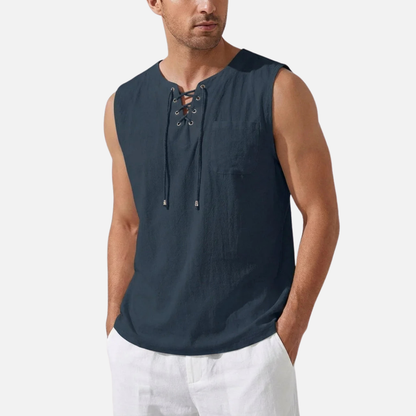 Men's Linen Sleeveless Tank Top | Lace-Up V-Neck Beach Vest