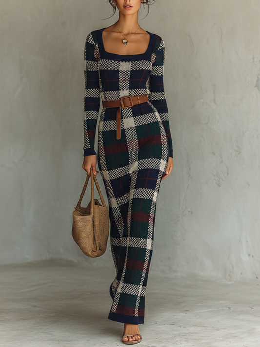 Women's Knit Square Neck Belted Check Maxi Dress – ModClo