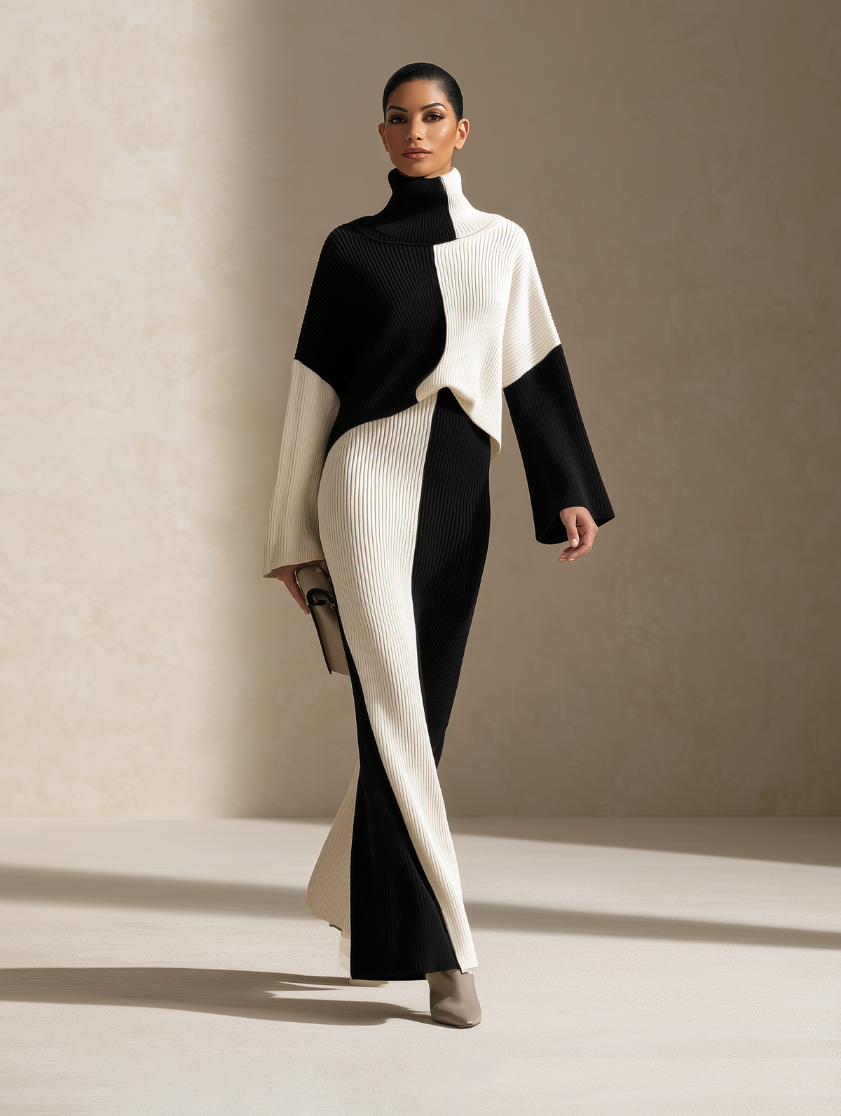 Full-length front view of a women's black-and-white colorblock ribbed knit maxi set featuring a high turtleneck, long sleeves, a fitted floor-length skirt, and an elegant, elongated silhouette.