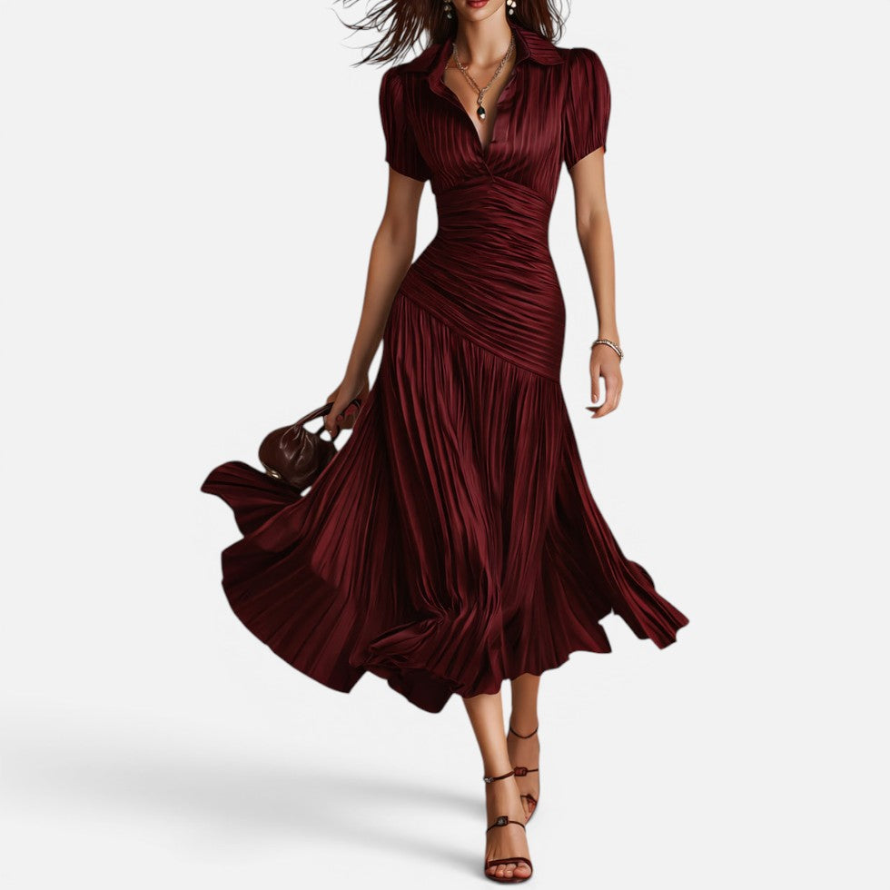 Pleated Midi Dress with Ruched Waist – ModClo, view 8