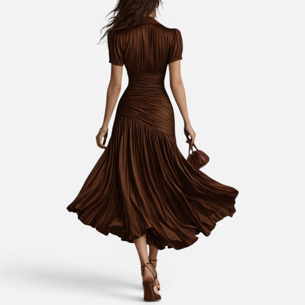 Pleated Midi Dress with Ruched Waist – ModClo, view 5