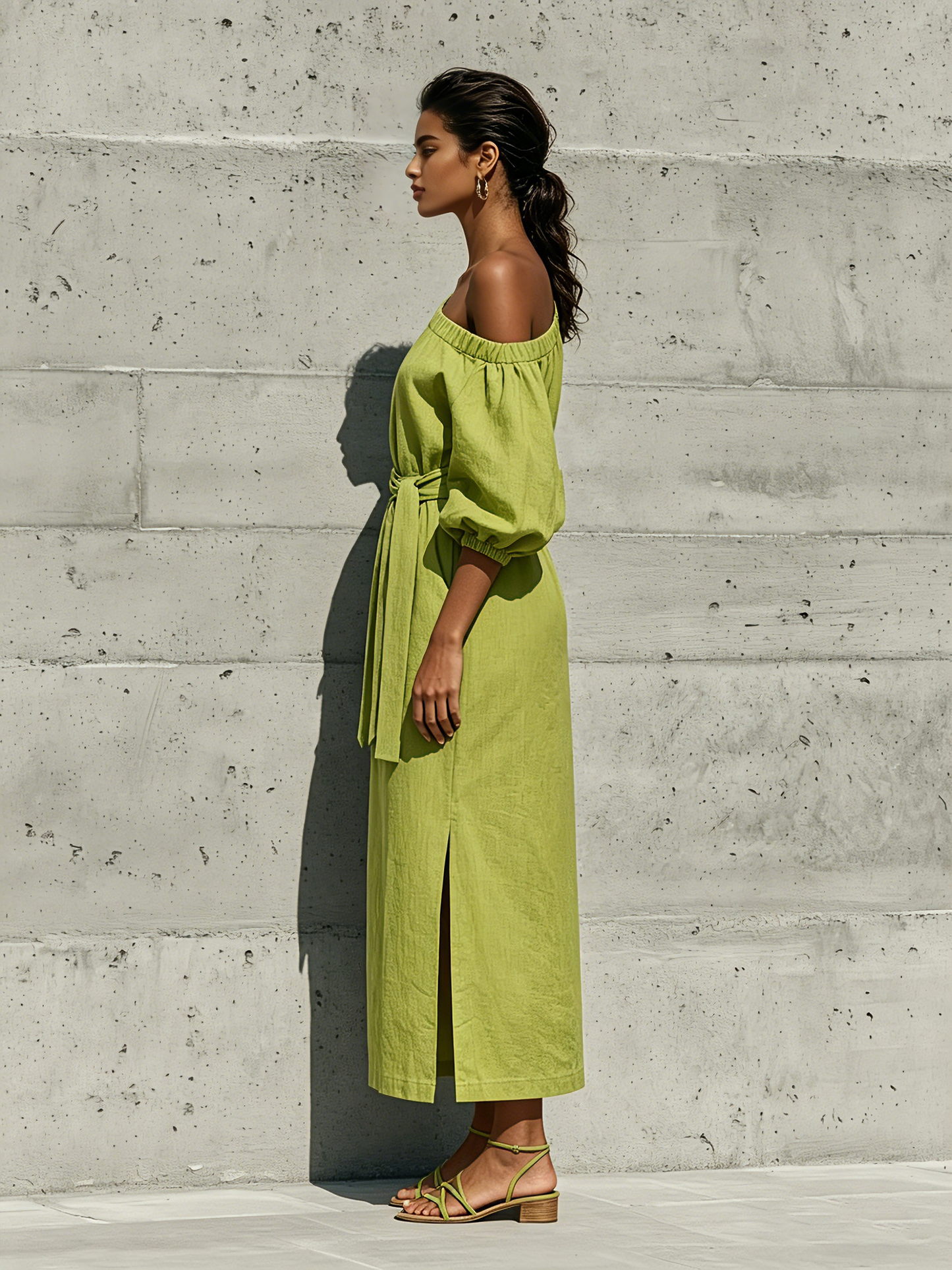 Women's Green Linen Puff Sleeve Slit Midi Dress – ModClo