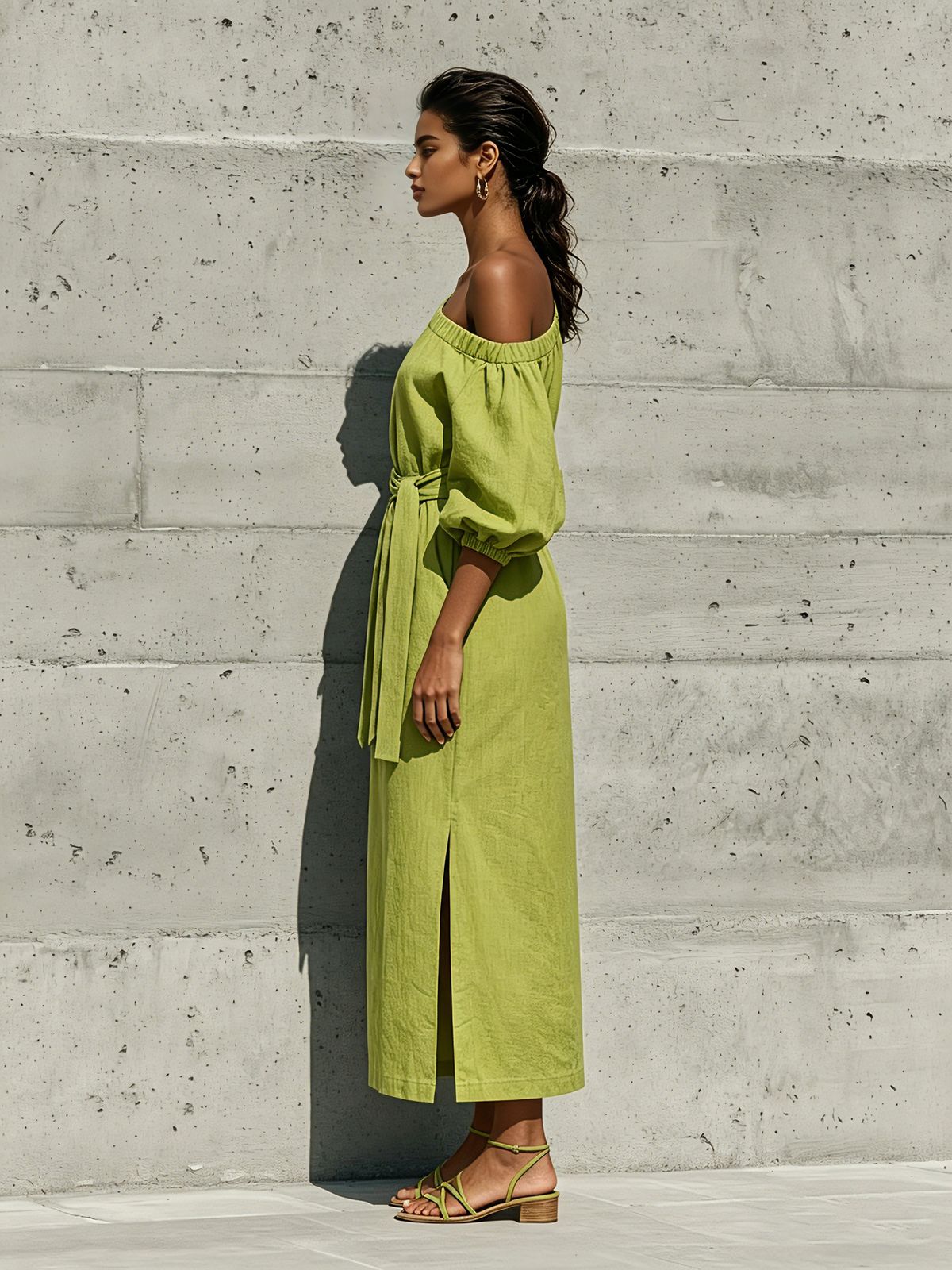 Women's Green Linen Puff Sleeve Slit Midi Dress – ModClo