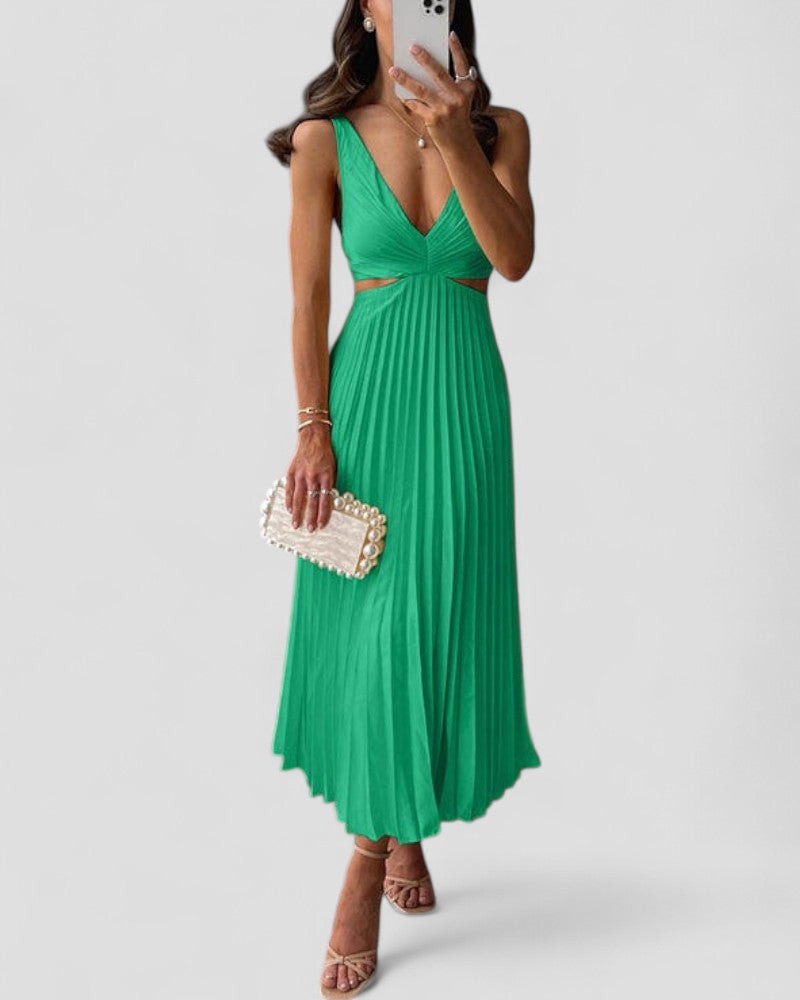 Elegant Pleated Satin Cut Out Midi Dress