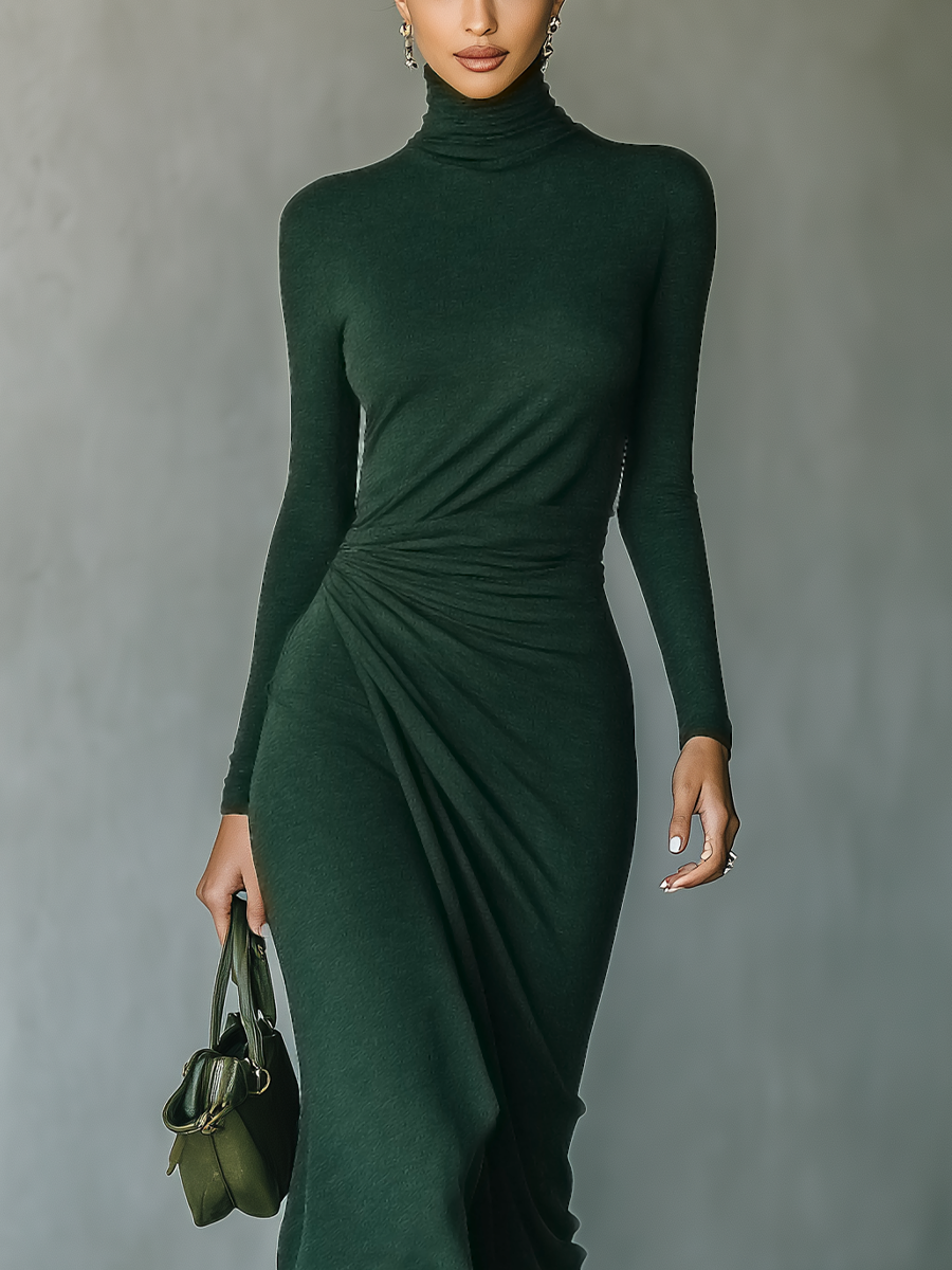 Women's Green Knit High Neck Wrap Midi Dress – ModClo