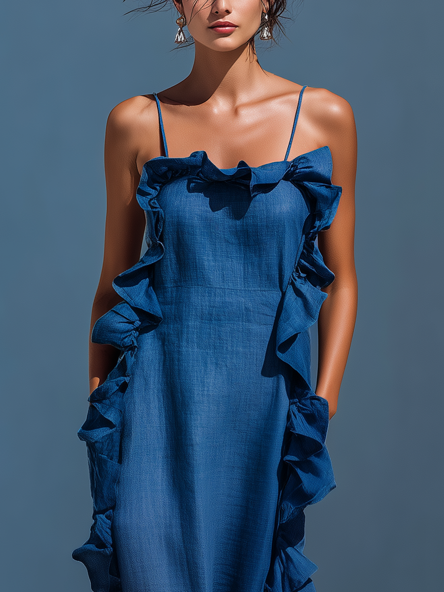 Women's Blue Linen Slit Maxi Dress – ModClo