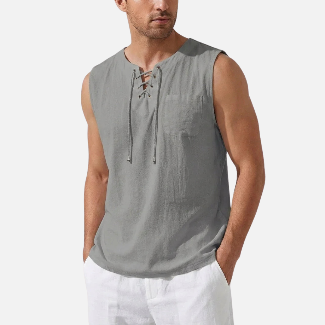 Men's Linen Sleeveless Tank Top | Lace-Up V-Neck Beach Vest