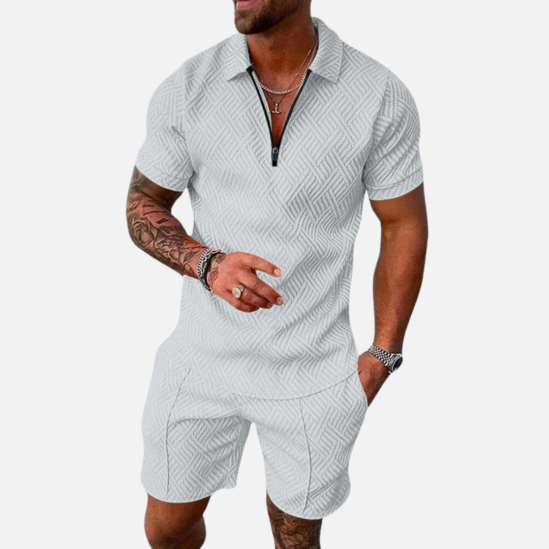 Men's Textured Zip Collar Polo Shirt and Shorts Set
