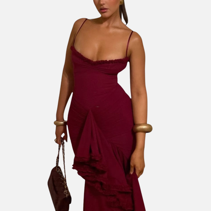 Women's Red Ruffle Maxi Dress - Spaghetti Strap Formal Gown