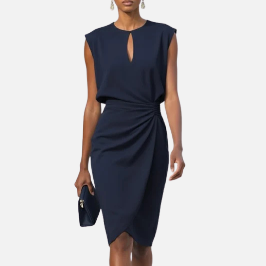 Women's Keyhole Neck Ruched Midi Dress Elegant