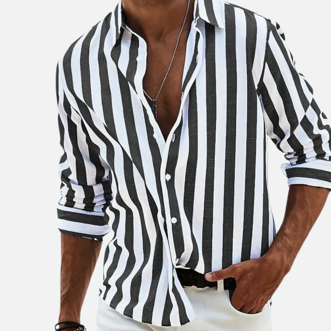 Men's Striped Long Sleeve Shirt – Button-Up Casual Beach Shirt