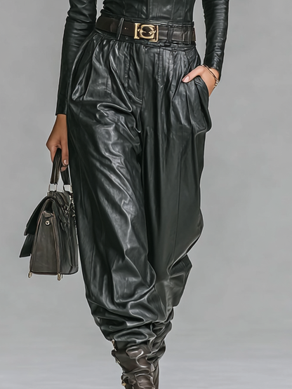 Women's Leather Zipper Slim Fit Stand Collar Trouser Set – ModClo
