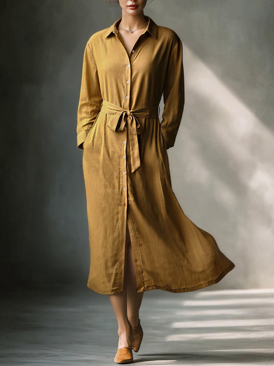 Women's Mustard Linen Belted Shirt Dress – ModClo