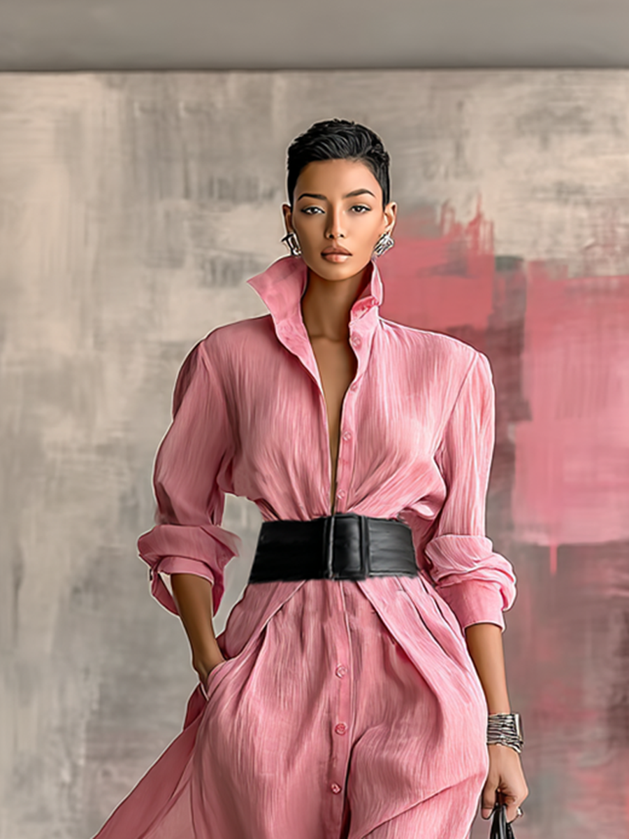 Women's Long Sleeve Lapel Shirt Dress – ModClo