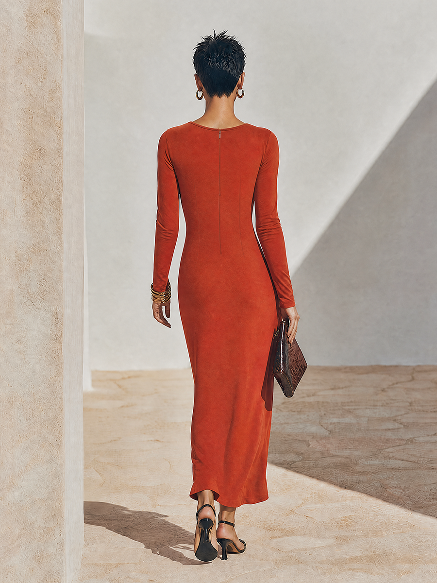 Women's Red Long Sleeve Ruched Asymmetric Maxi Dress – ModClo