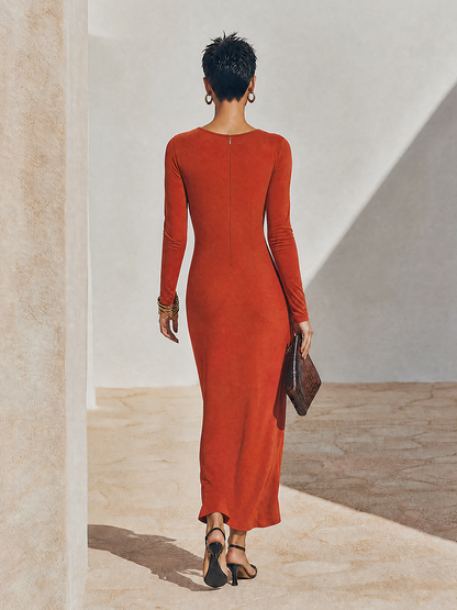 Women's Red Long Sleeve Ruched Asymmetric Maxi Dress – ModClo