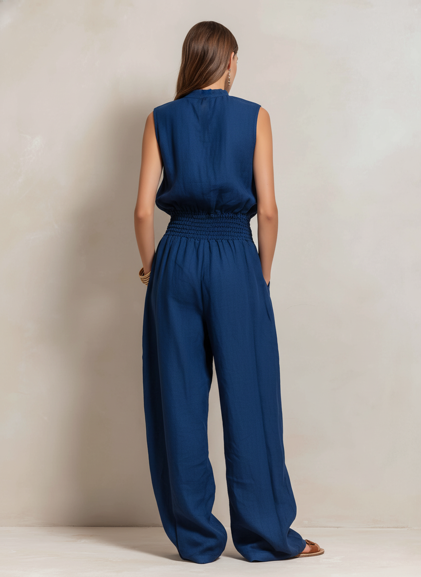Women's Blue Linen Round Neck Sleeveless Jumpsuit – ModClo