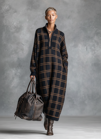 Women's Knit Zipper Plaid Maxi Dress – ModClo