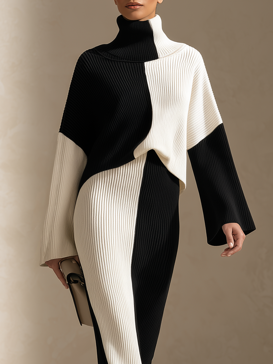Women's black and white colorblock ribbed knit maxi set featuring a high turtleneck, contrasting long sleeves, and a figure-hugging skirt with a sleek, elongated silhouette.