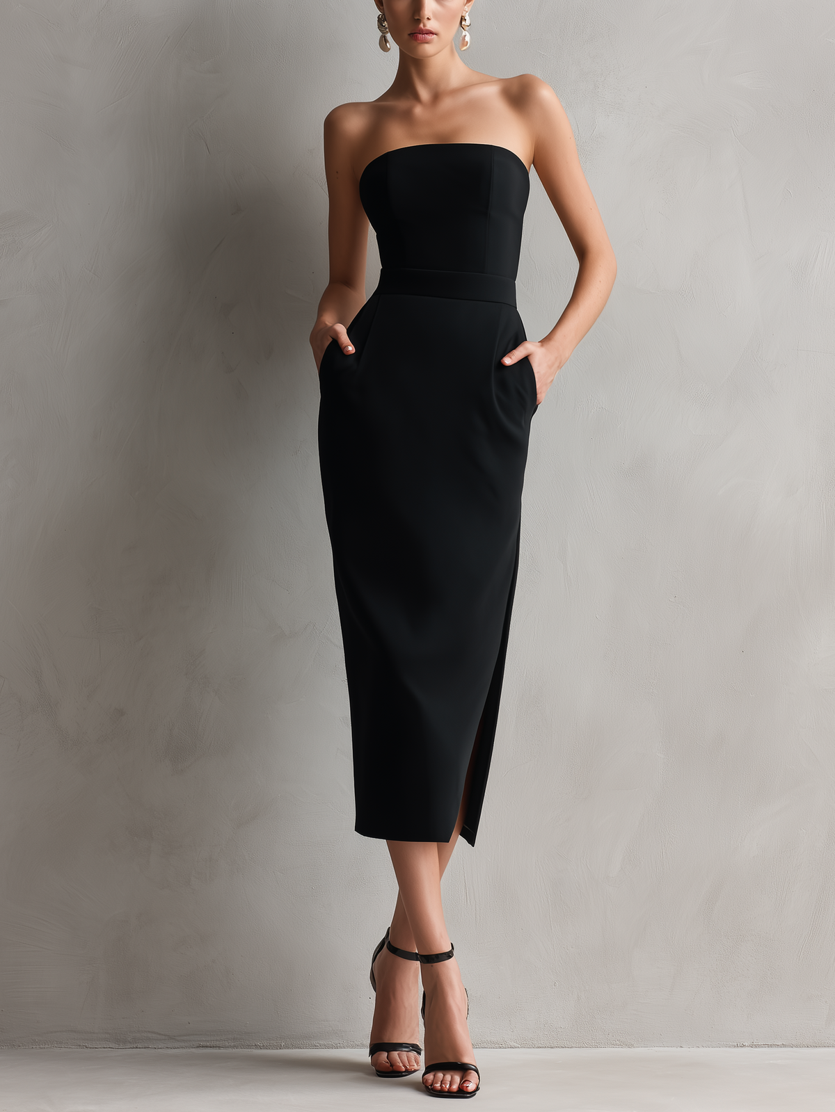 Women's Black Stretch Strapless Bodycon Midi Dress – ModClo