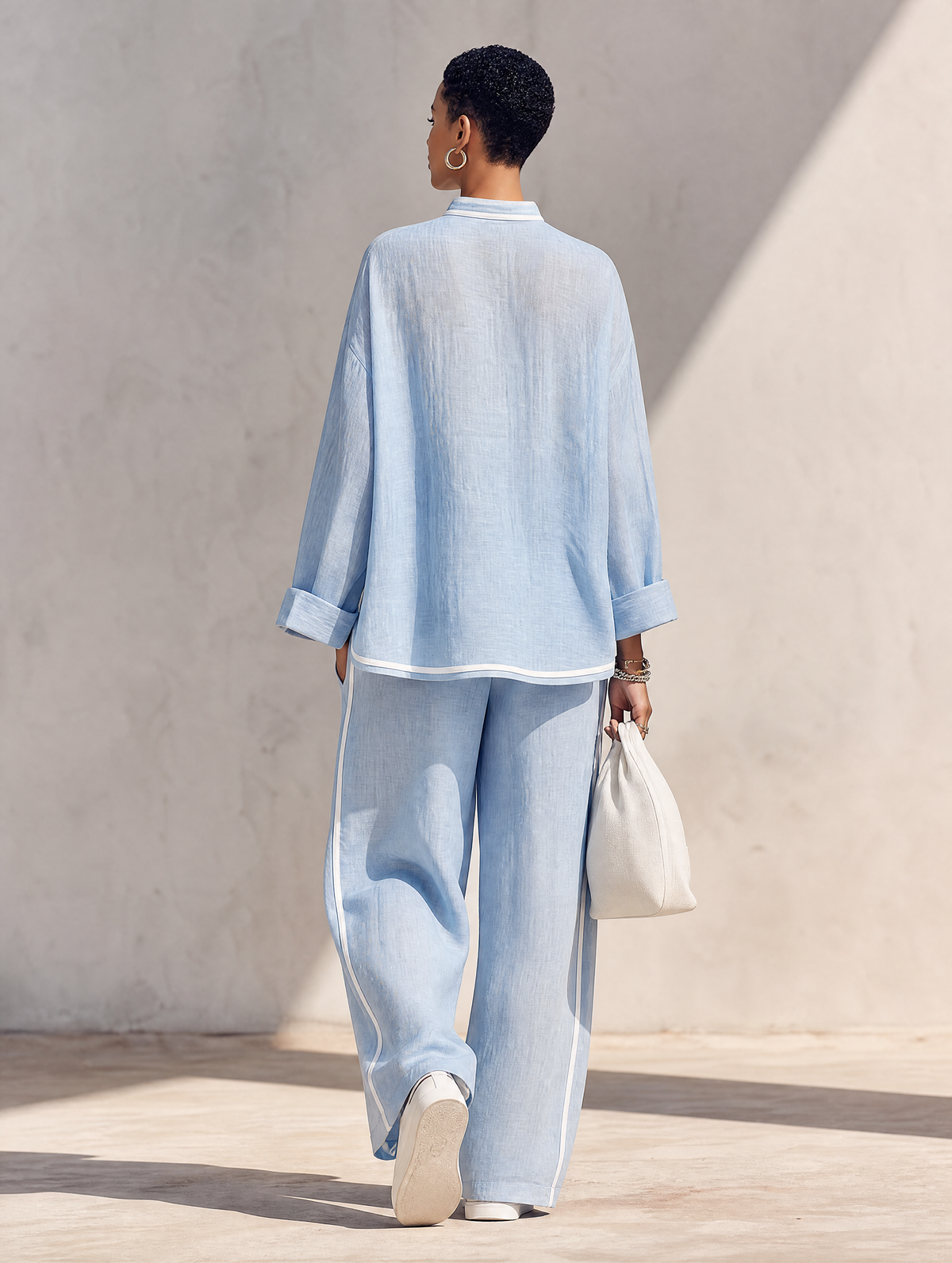Women's Blue Linen Oversized Stand Collar Trouser Set – ModClo