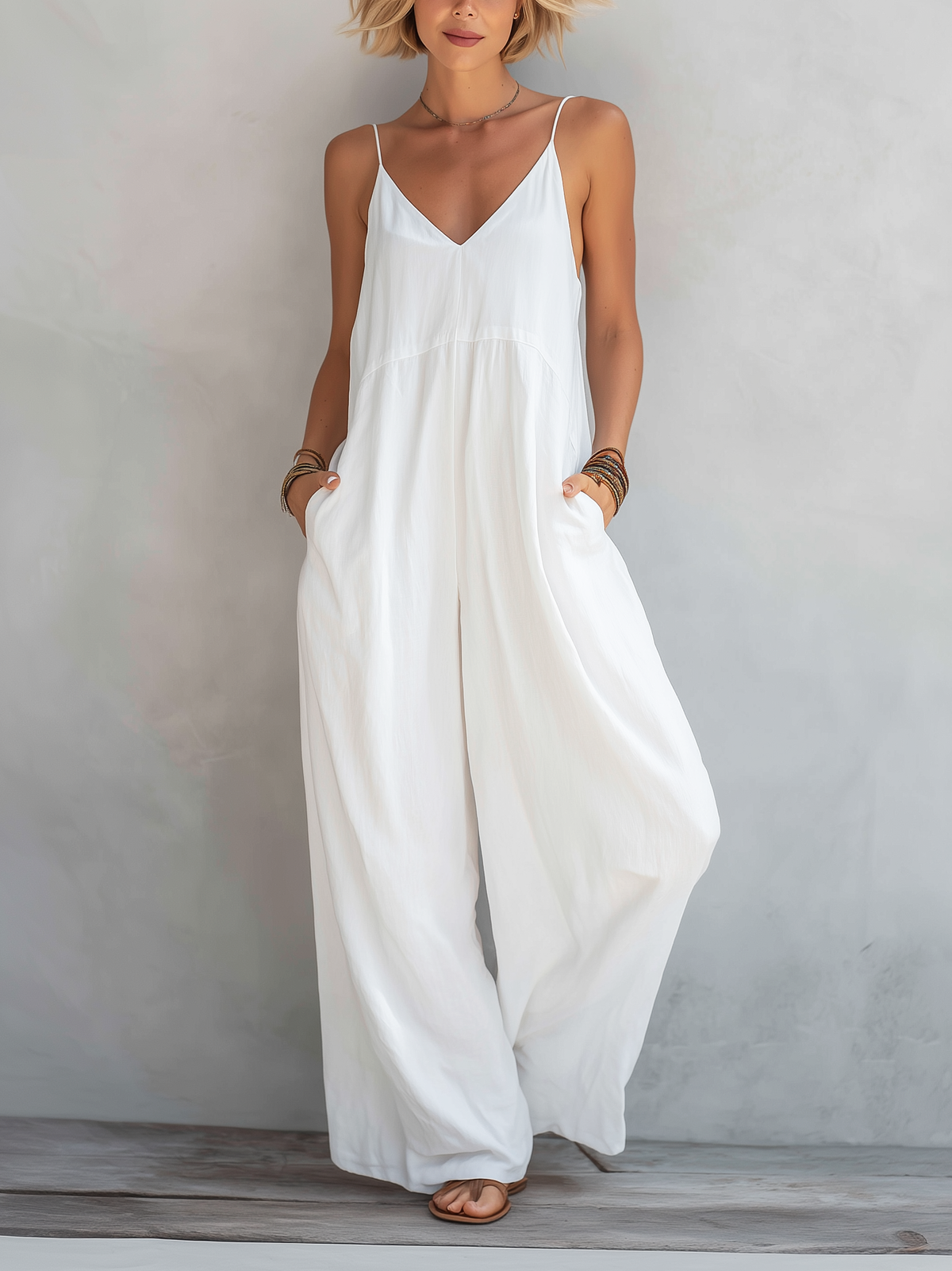 Women's White Linen Sleeveless Jumpsuit – ModClo