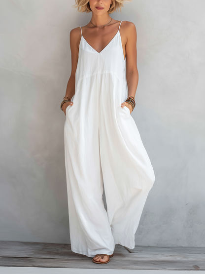 Women's White Linen Sleeveless Jumpsuit – ModClo
