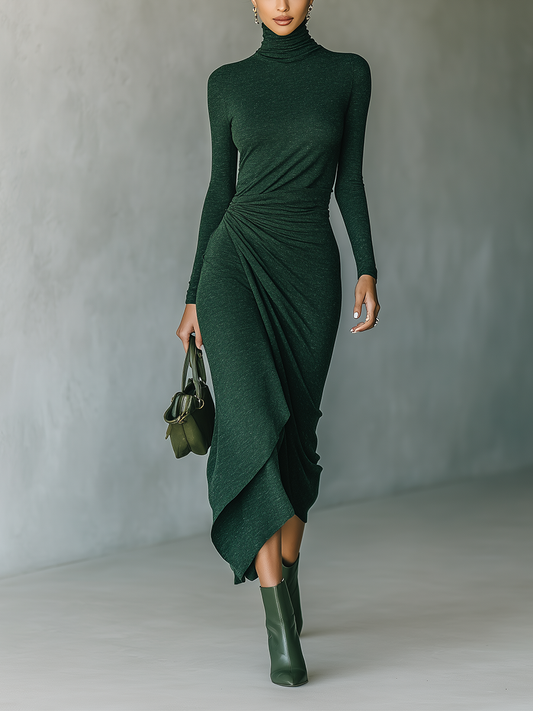 Women's Green Knit High Neck Wrap Midi Dress – ModClo