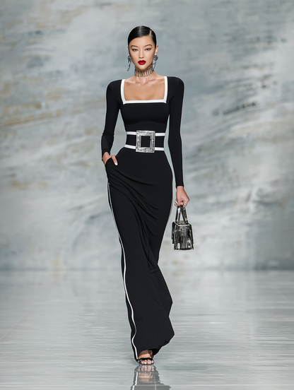 Women's Black Square Neck Long Sleeve Maxi Dress – ModClo