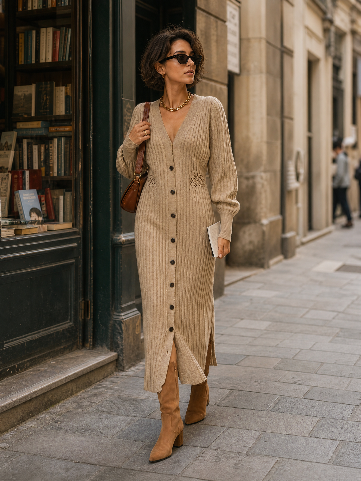 Women's Beige Knit Long Sleeve Cut-Out Maxi Dress – ModClo